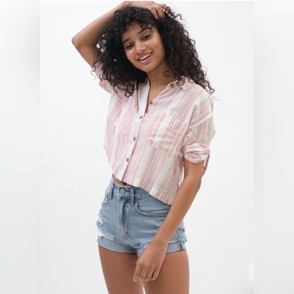 Aeropostale Long Sleeve Striped Button-Down Top Pink White Small‎ - Picture 2 of 13